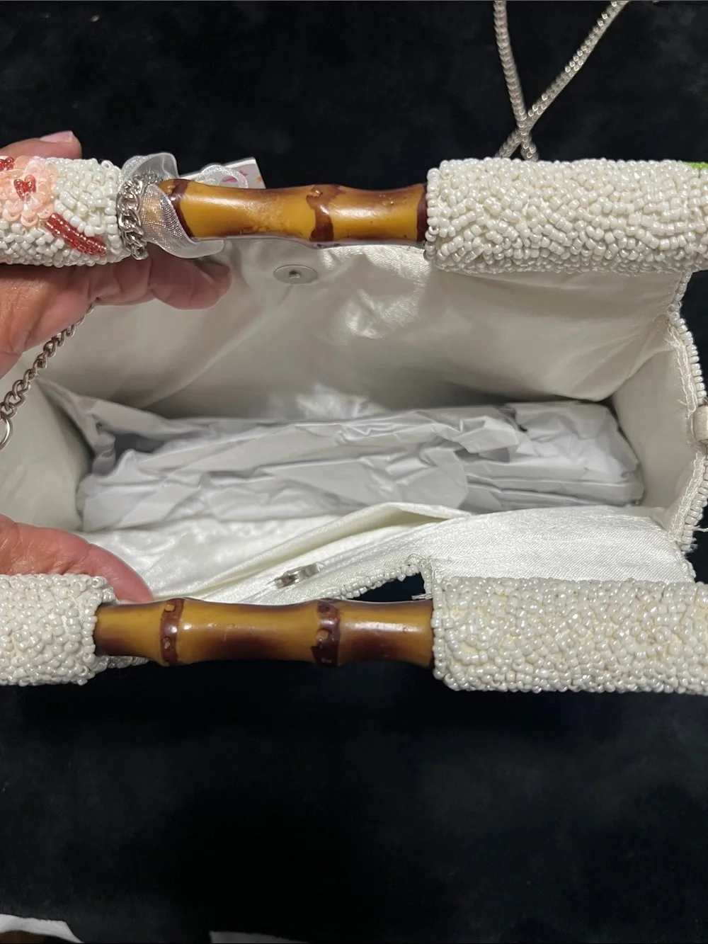 White Beaded Tropical Parrot Crossbody Bag with Bamboo Handle